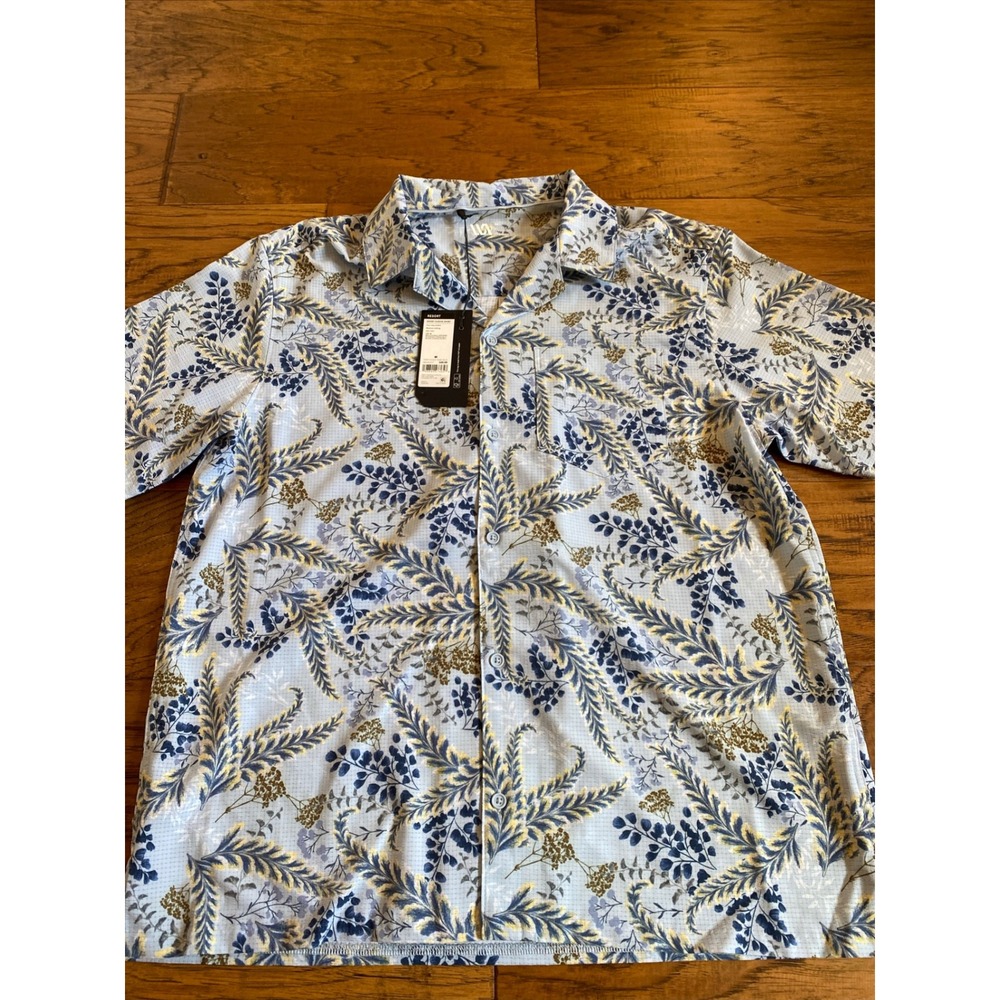 VRST Mens Resort Short Sleeve Shirt Fern Foliage Blue Floral UPF 30 Stretch M